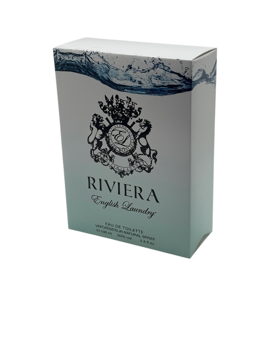 Paradime Enterprise LLC English Laundry Riviera Eau de Toilette 3.4 oz box with white and blue water-themed design.