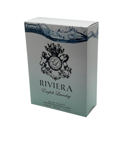 Paradime Enterprise LLC English Laundry Riviera Eau de Toilette 3.4 oz box with white and blue water-themed design.