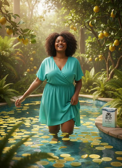 Paradime Enterprise LLC English Laundry Riviera fragrance bottle by a pool with a woman in a teal dress