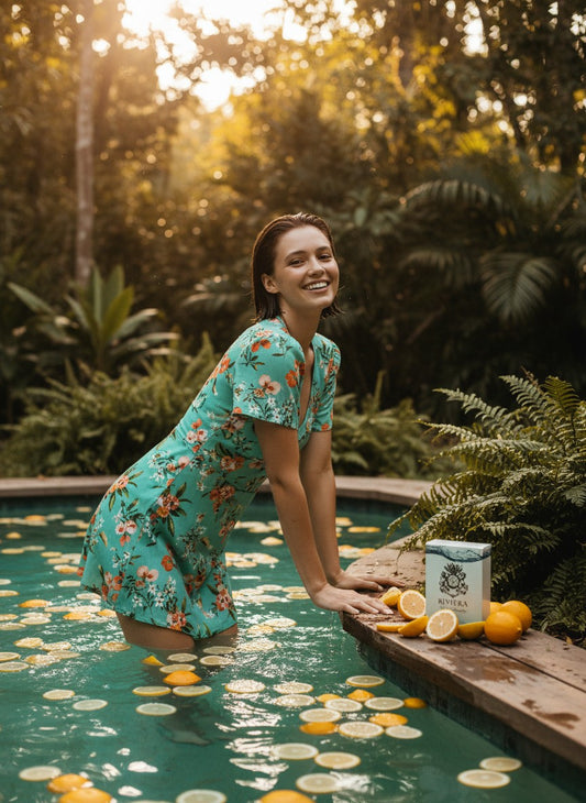 Paradime Enterprise LLC English Laundry Riviera fragrance bottle beside a woman in a floral dress in a citrus pool