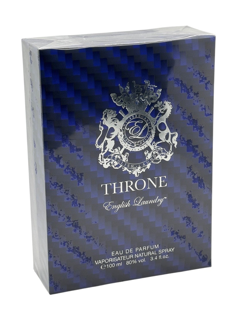 Paradime Enterprise LLC English Laundry Throne 3.4oz eau de parfum in a blue carbon fiber patterned box with silver logo