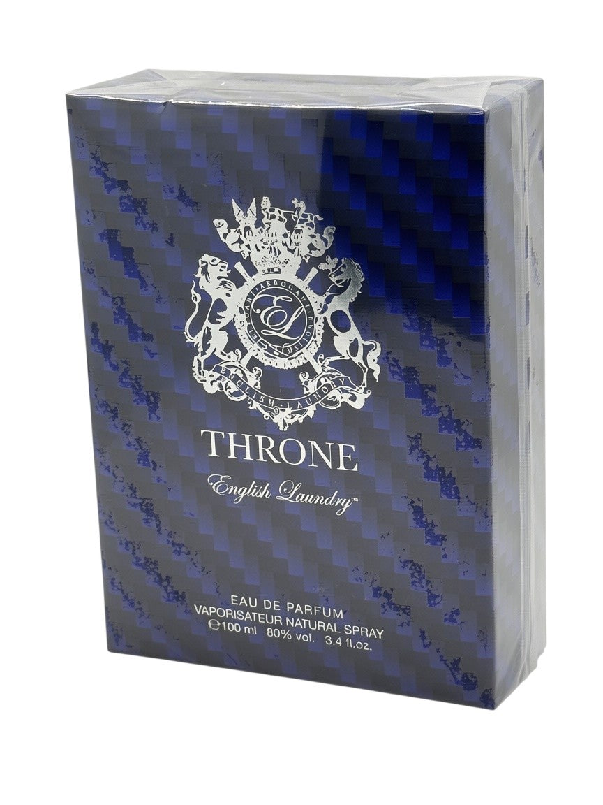 Paradime Enterprise LLC English Laundry Throne eau de parfum 3.4oz box with blue carbon fiber pattern and silver crest