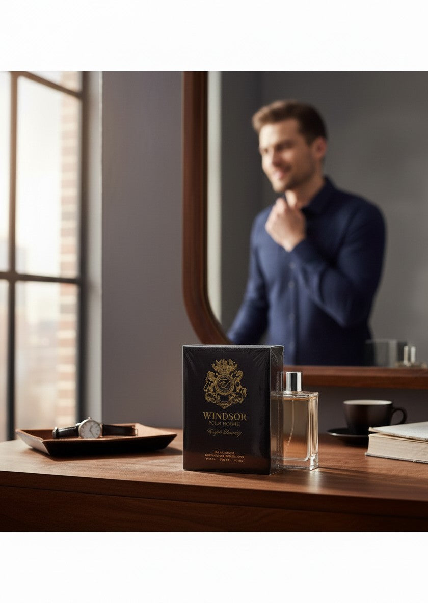 Paradime Enterprise LLC English Laundry Windsor Pour Homme fragrance bottle and box on a wooden desk with a man in mirror