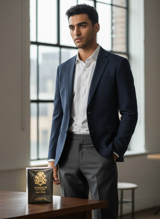 Paradime Enterprise LLC English Laundry Windsor Pour Homme fragrance bottle next to a man in a navy blazer