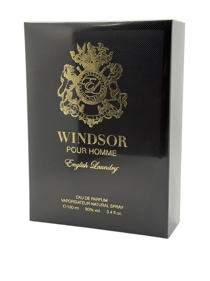 Paradime Enterprise LLC English Laundry Windsor Pour Homme Eau de Parfum 3.4 oz spray in a black box with gold crest.