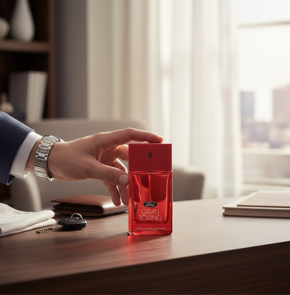 Paradime Enterprise LLC Ford Legacy Gran Torino red glass cologne bottle held by a man in a suit on a desk