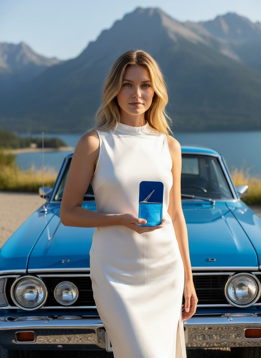 Paradime Enterprise LLC Ford Legacy Falcon EDT blue glass fragrance bottle held by a woman in front of a blue car