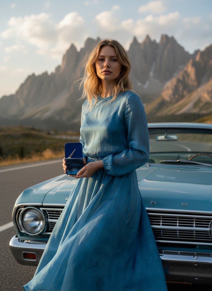 Paradime Enterprise LLC Ford Legacy Falcon fragrance bottle held by a woman in a blue dress leaning on a vintage car