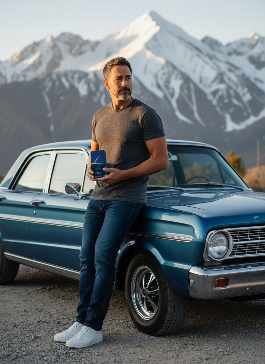 Paradime Enterprise LLC Ford Legacy Falcon EDT bottle held by a man leaning against a blue vintage car in mountains