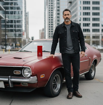 Paradime Enterprise LLC Ford Legacy Gran Torino fragrance bottle on a vintage red car with a man in a city setting