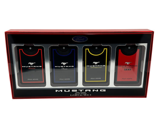 Paradime Enterprise LLC Ford Mustang men's cologne gift set featuring four 20ml eau de toilette sprays in a red box