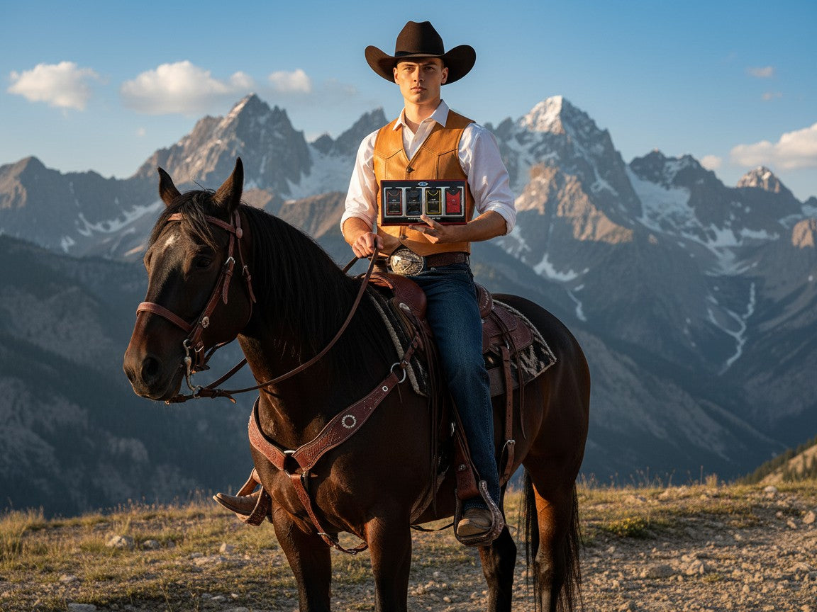 Paradime Enterprise LLC Ford Mustang cologne gift set held by a cowboy on horseback against a mountain backdrop