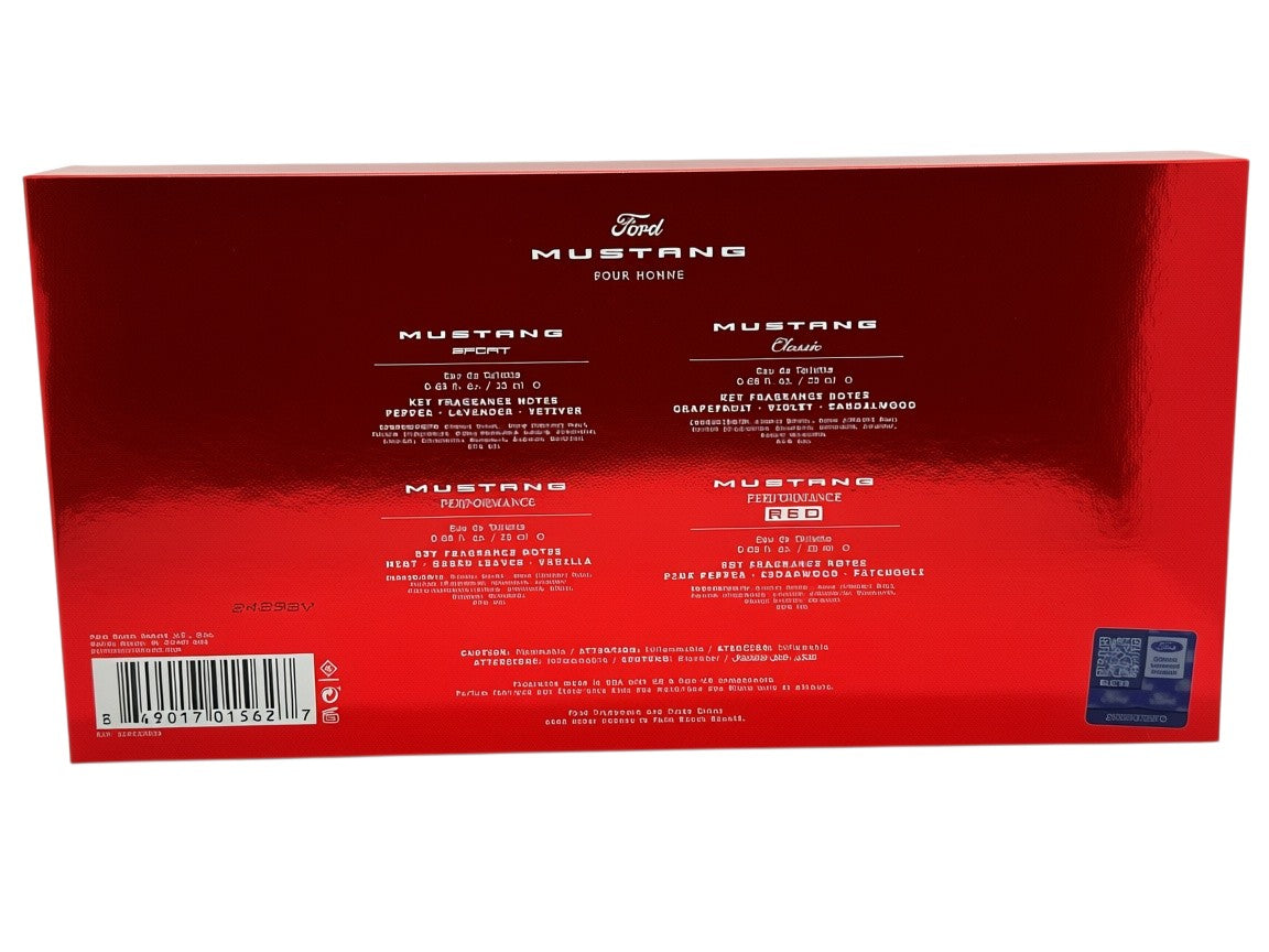 Paradime Enterprise LLC Ford Mustang Legacy men's cologne gift set back view featuring four fragrance descriptions