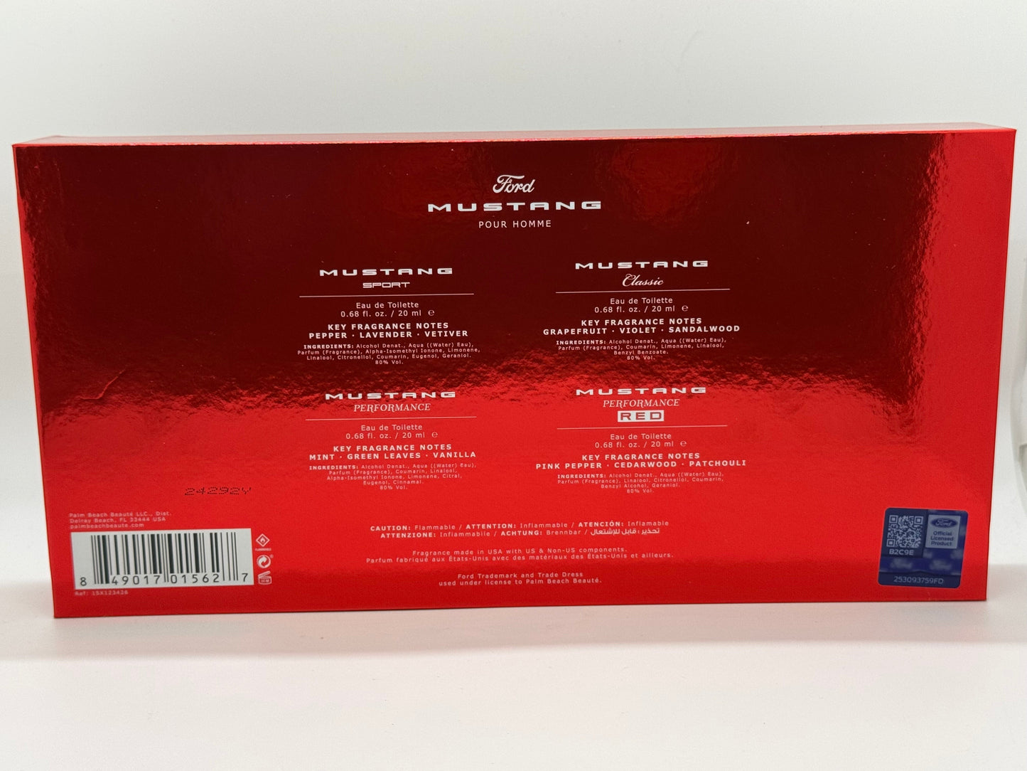 Paradime Enterprise LLC Ford Mustang Legacy men's cologne gift set back view featuring four fragrance descriptions