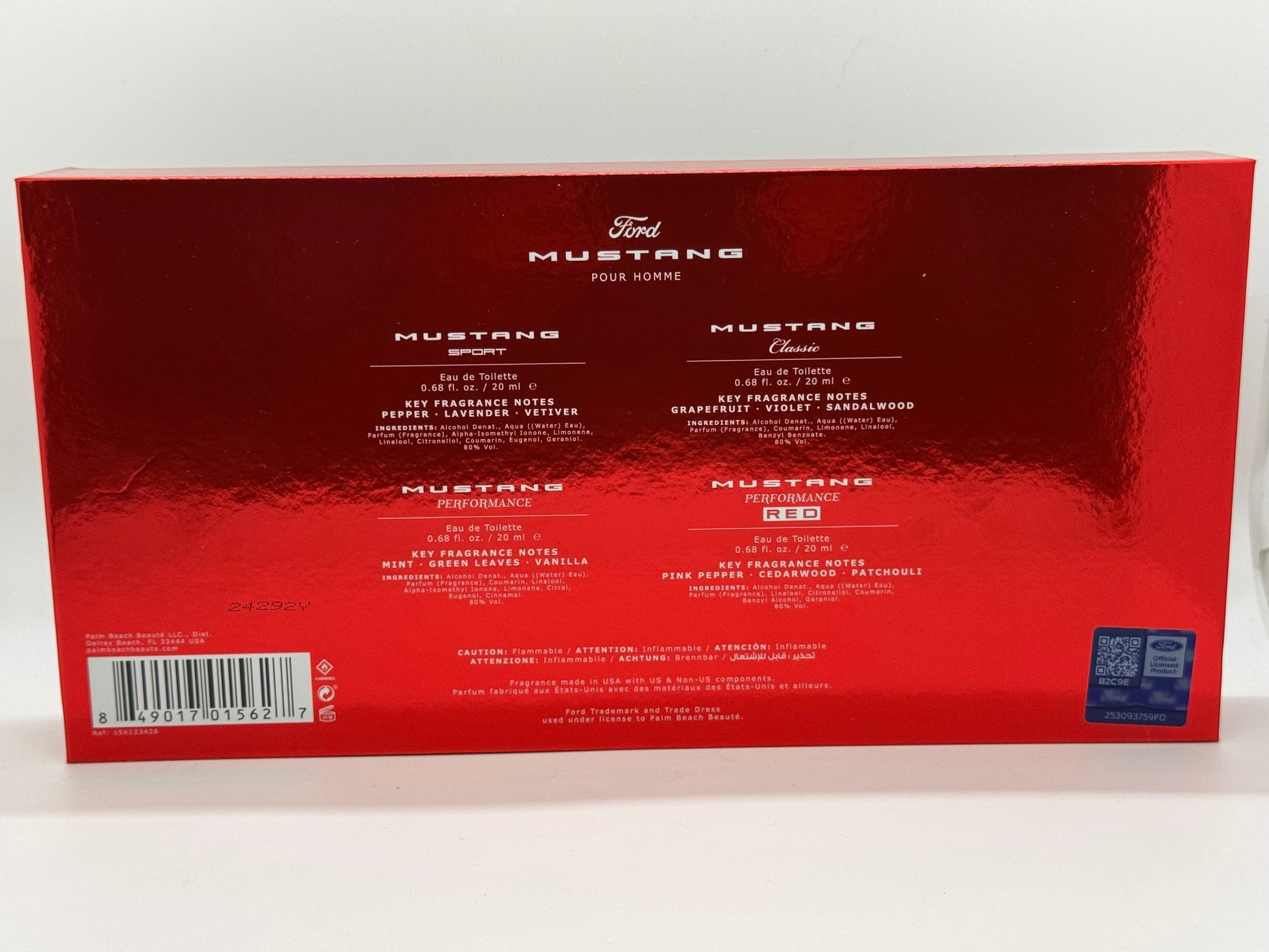 Paradime Enterprise LLC Ford Mustang Legacy men's cologne gift set back view featuring four fragrance descriptions