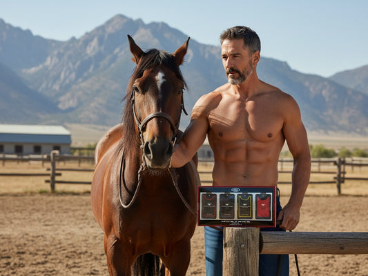 Paradime Enterprise LLC Ford Mustang cologne gift set held by a shirtless man standing next to a horse in a field.