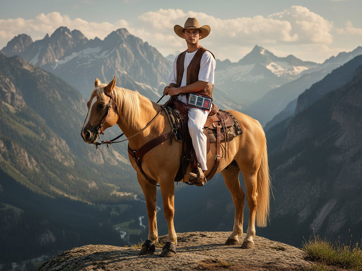 Paradime Enterprise LLC Ford Mustang cologne gift set held by a cowboy on a palomino horse in the mountains