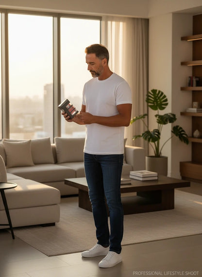 Paradime Enterprise LLC Ford Mustang cologne bottle held by a man in a white t-shirt in a modern living room