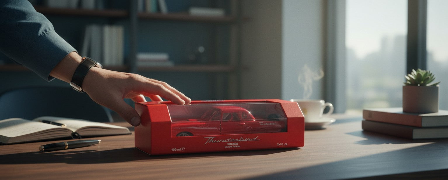 Paradime Enterprise LLC Ford Legacy Thunderbird eau de toilette fragrance in a red collector box on a desk.
