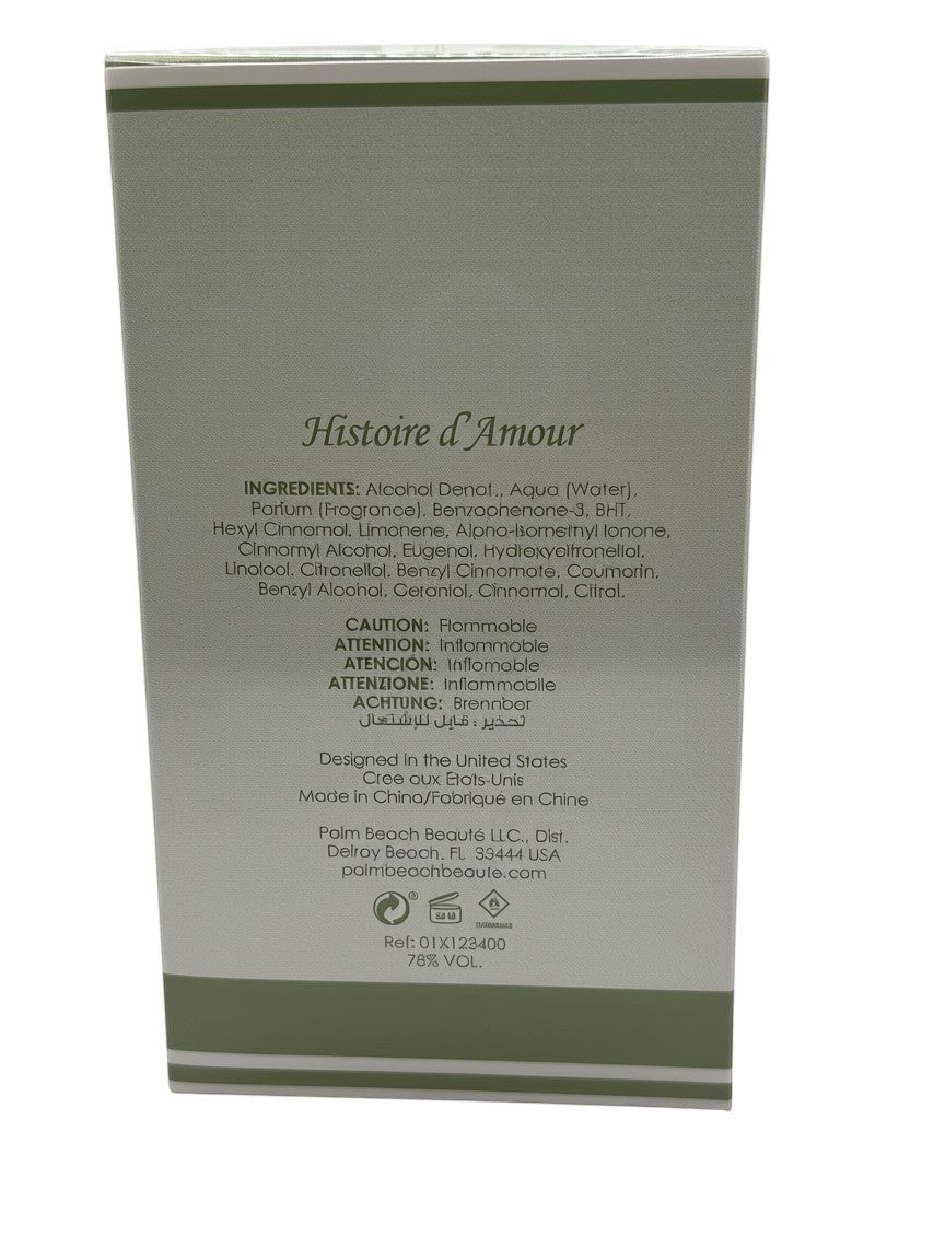 Paradime Enterprise LLC Histoire D'Amour perfume box back panel with ingredients list and safety information