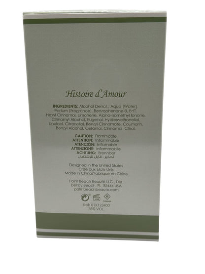 Paradime Enterprise LLC Histoire D'Amour perfume box back panel with ingredients list and safety information