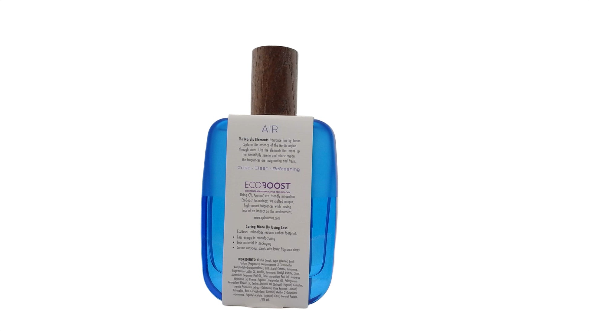 Paradime Enterprise LLC Kanon Elements Air EDT blue glass fragrance bottle with wooden cap, back view showing label.