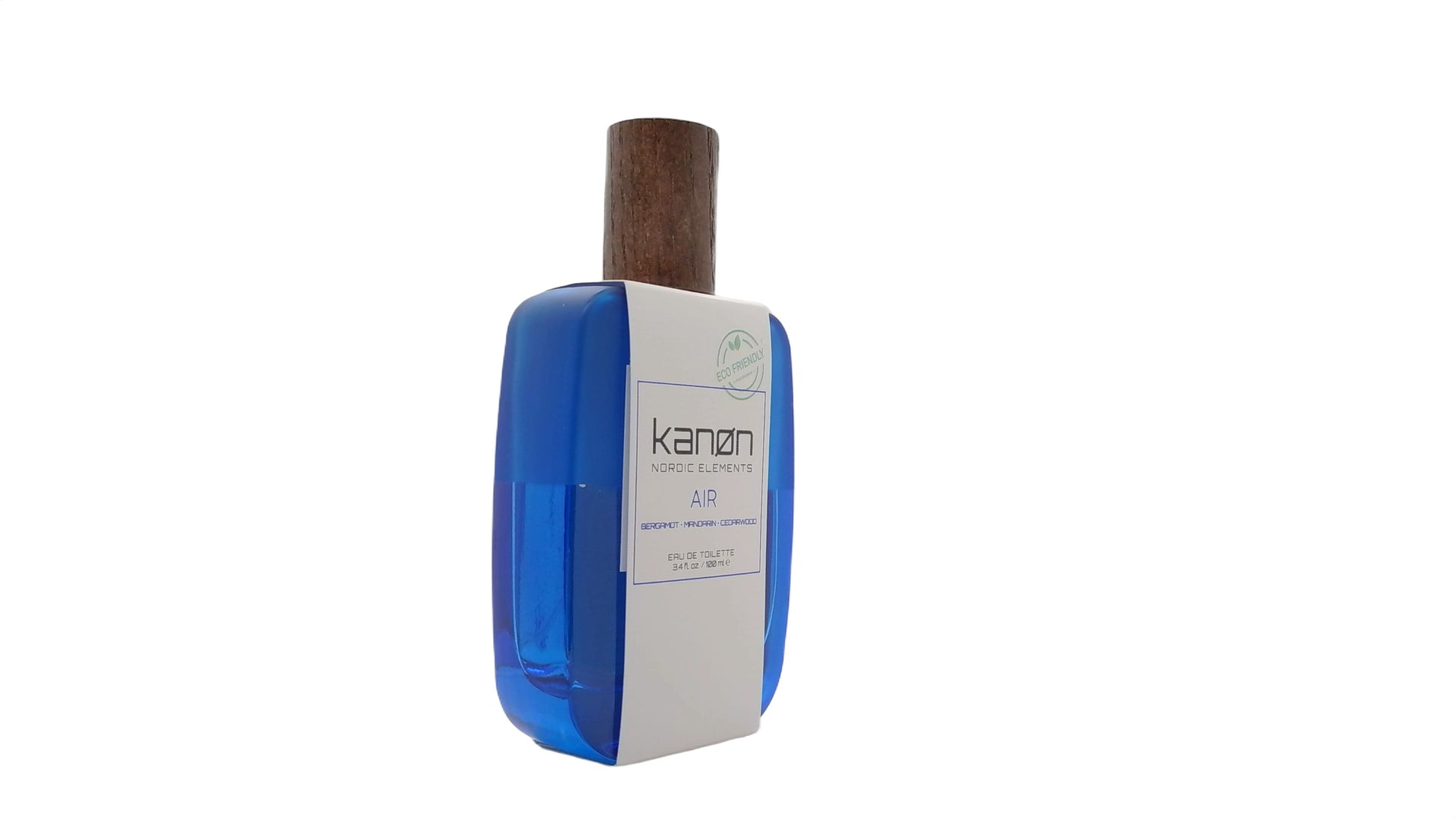 Paradime Enterprise LLC Kanon Elements Air eau de toilette in a blue glass bottle with a wooden cap.