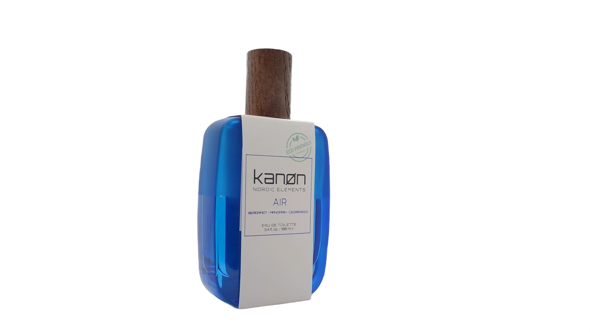 Paradime Enterprise LLC Kanon Elements Air eau de toilette in a blue glass bottle with a wooden cap.