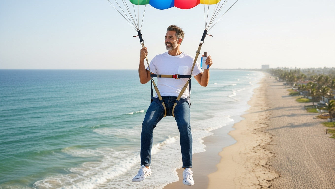Paradime Enterprise LLC Kanon Elements Air fragrance held by a man paragliding over a sunny beach