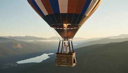 Paradime Enterprise LLC Kanon Elements Air fragrance held by a man in a hot air balloon over a scenic mountain lake