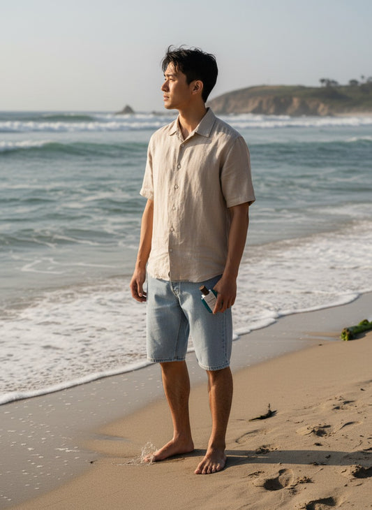 Paradime Enterprise LLC Kanon Nordic Elements Water fragrance held by a man in a linen shirt on a sunny beach