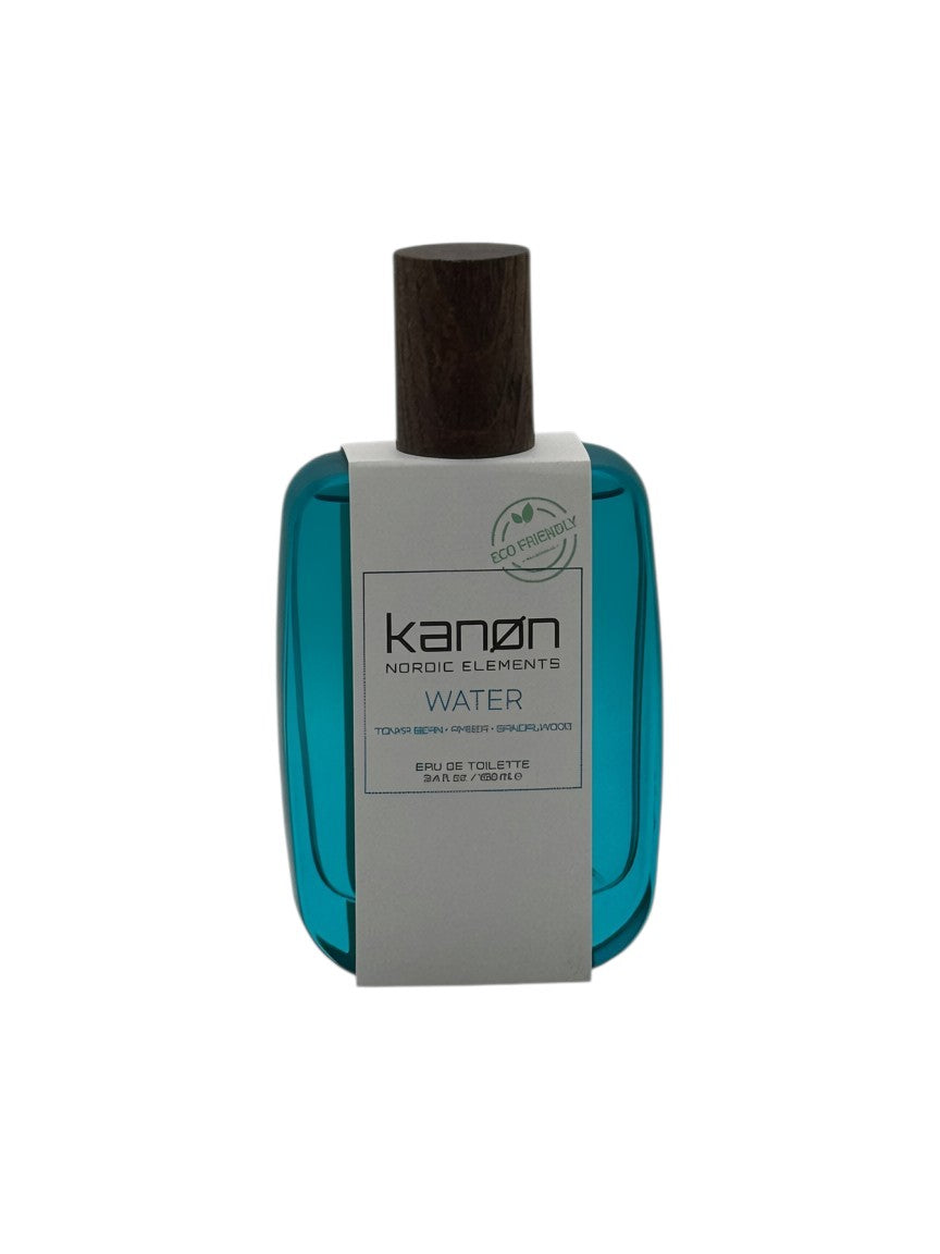 Paradime Enterprise LLC Kanon Nordic Elements Water EDT spray in a blue glass bottle with a wooden cap.
