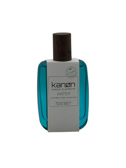 Paradime Enterprise LLC Kanon Nordic Elements Water EDT spray in a blue glass bottle with a wooden cap.