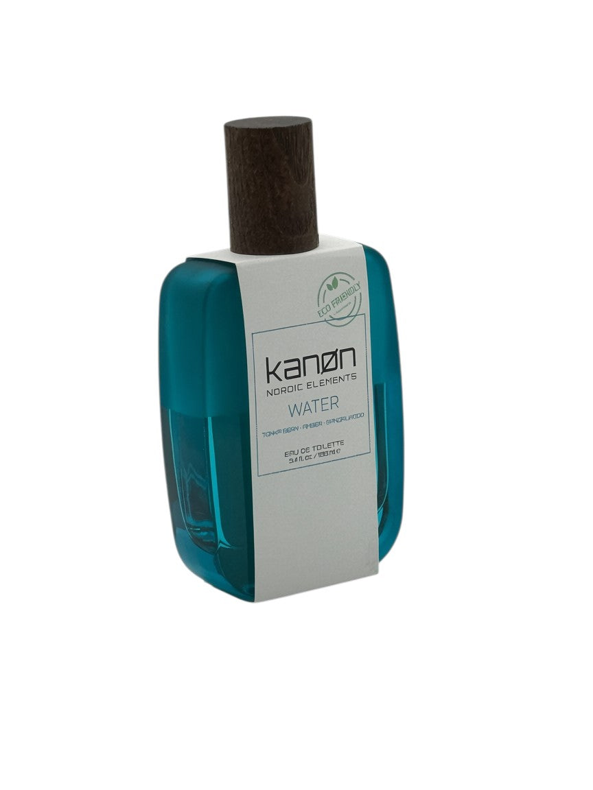 Paradime Enterprise LLC Kanon Nordic Elements Water EDT spray in a blue glass bottle with a dark wood cap.