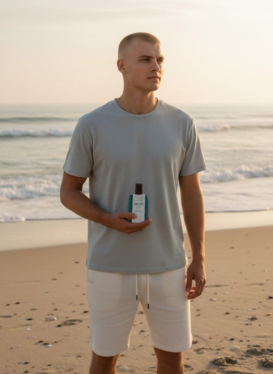 Paradime Enterprise LLC Kanon Nordic Elements Water fragrance held by a man on a beach at sunset