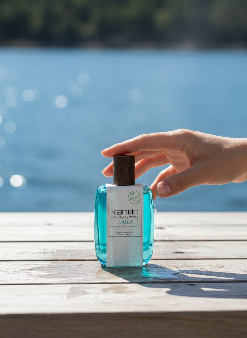 Paradime Enterprise LLC Kanon Nordic Elements Water EDT spray bottle on a wooden dock with a blue water background