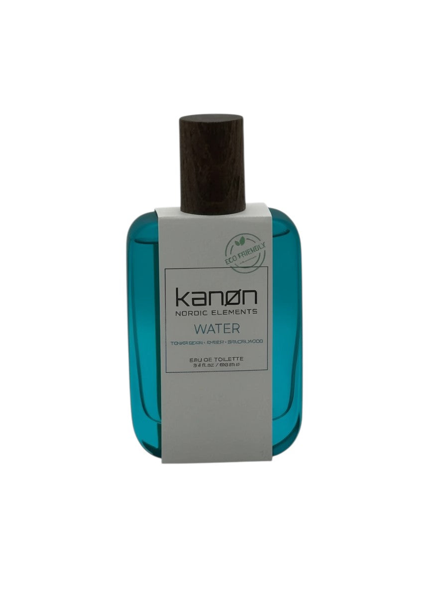 Paradime Enterprise LLC Kanon Nordic Elements Water EDT spray with a blue glass bottle and dark wood cap