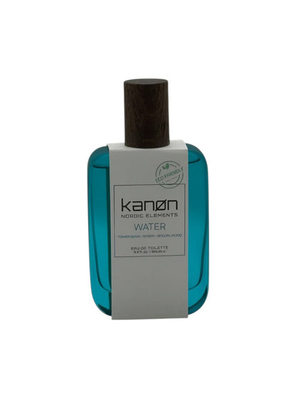 Paradime Enterprise LLC Kanon Nordic Elements Water EDT spray with a blue glass bottle and dark wood cap