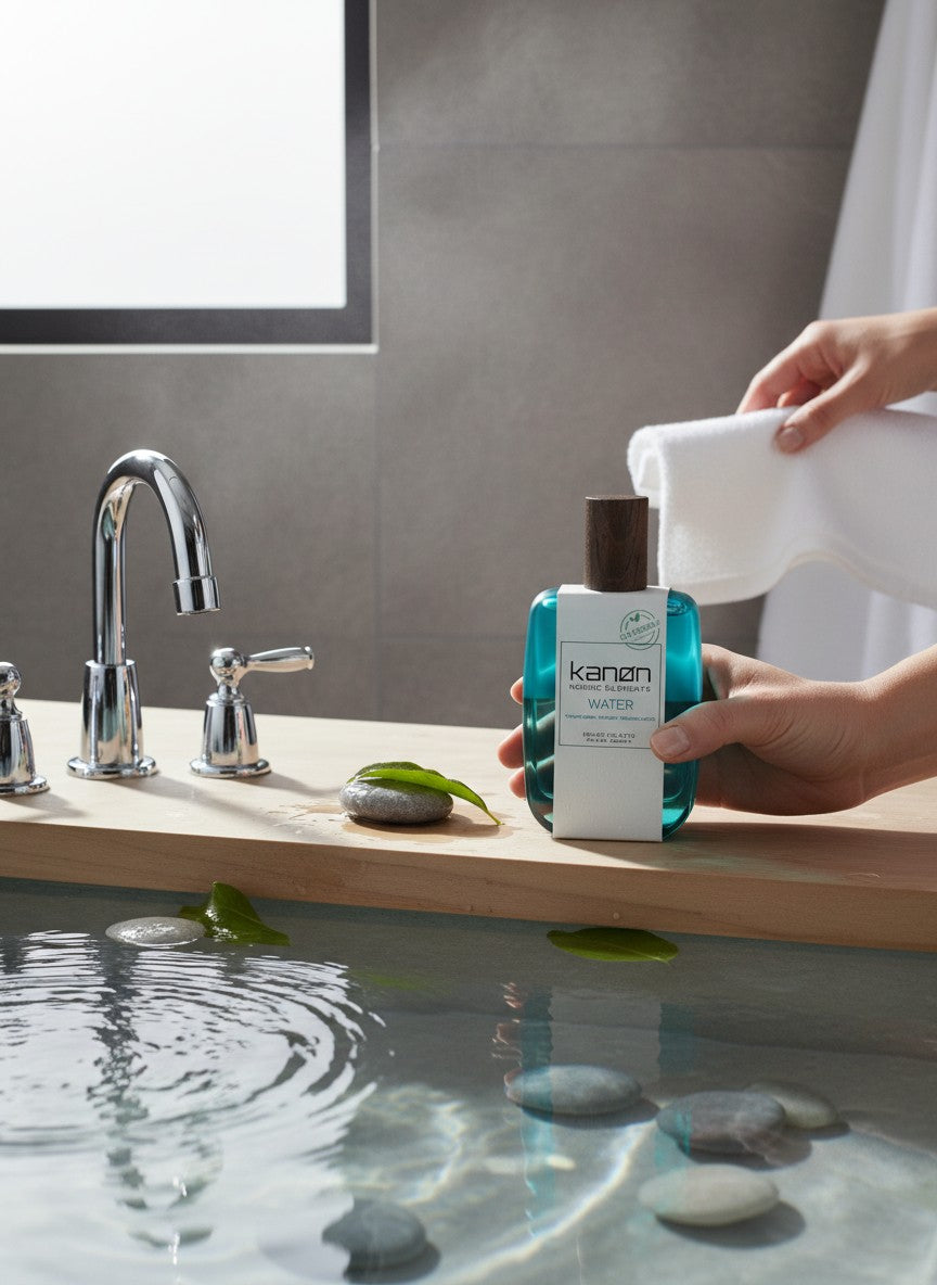 Paradime Enterprise LLC Kanon Nordic Elements Water EDT spray in a blue glass bottle with a wooden cap by a bathtub.