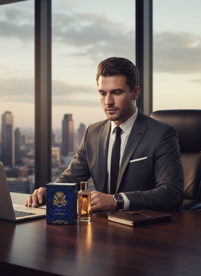 Paradime Enterprise LLC English Laundry London cologne bottle and box on a desk with a professional man in a suit