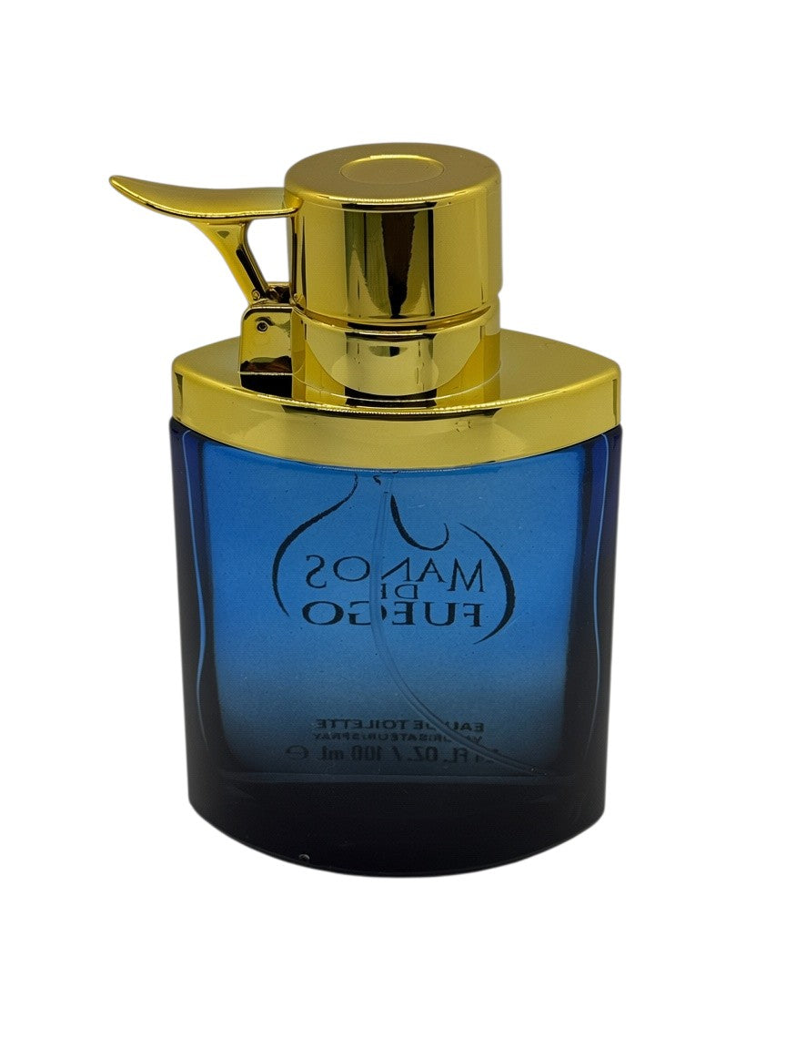 Paradime Enterprise LLC Manos De Fuego Macho Man EDT spray in a blue glass bottle with a gold metallic cap.