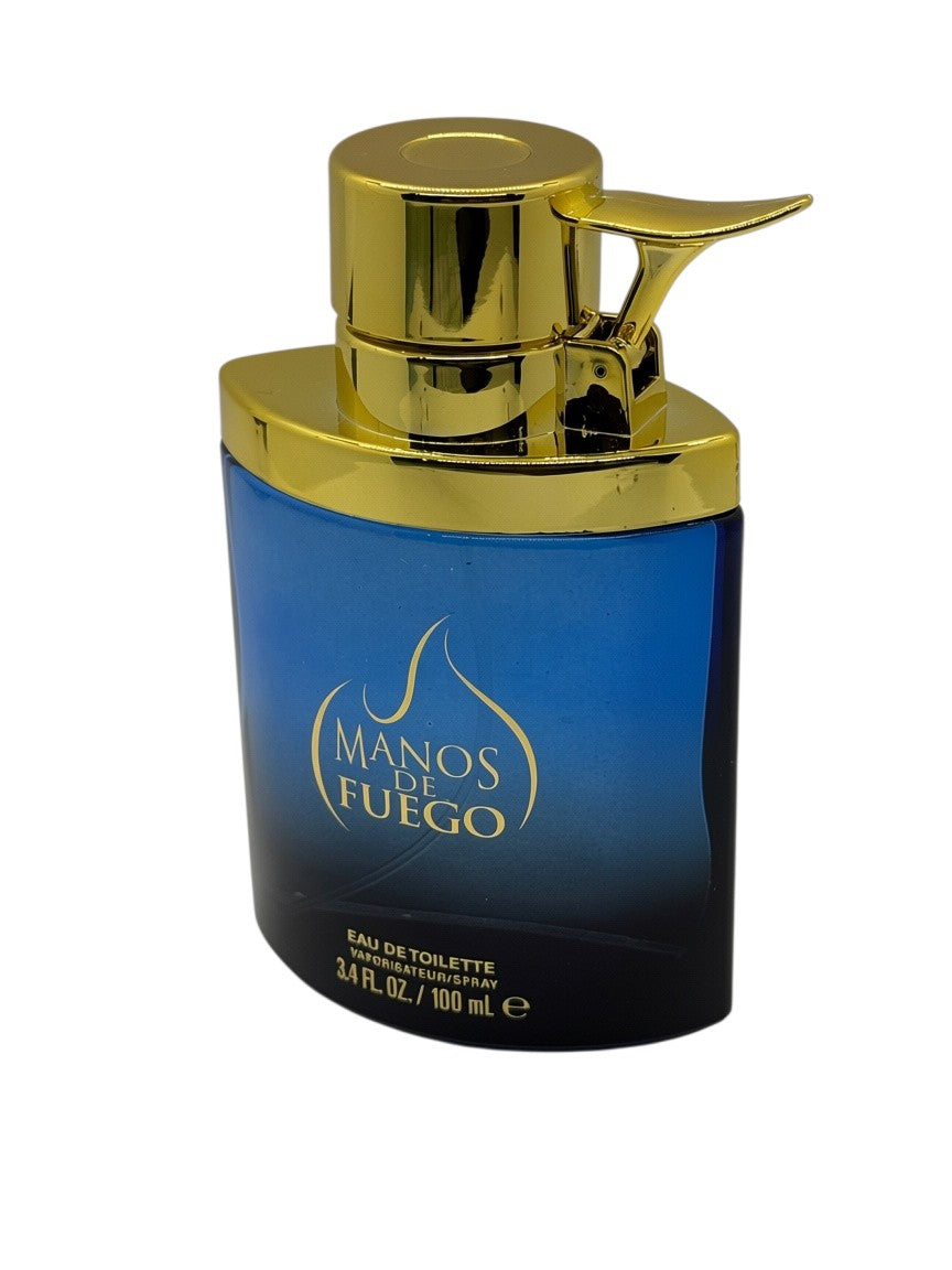 Paradime Enterprise LLC Manos De Fuego Macho Man EDT spray in a blue glass bottle with a gold cap and pump dispenser.