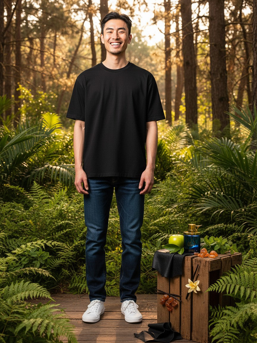 Paradime Enterprise LLC Manos De Fuego Macho Man EDT spray bottle displayed in a lush forest setting with a smiling man