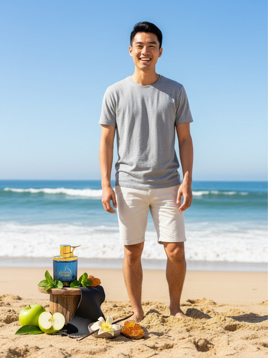 Paradime Enterprise LLC Macho Man EDT spray bottle on a beach stand with a smiling man in a grey t-shirt and shorts