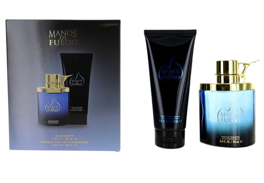 Paradime Enterprise LLC Macho Man by Manos de Fuego 2-piece gift set featuring a blue fragrance bottle and body wash.