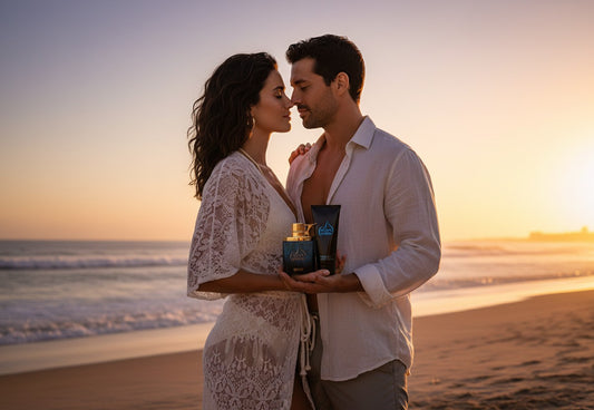 A couple holding a Macho Man by Manos de Fuego gift set on a beach at sunset, Paradime Enterprise LLC fragrance.