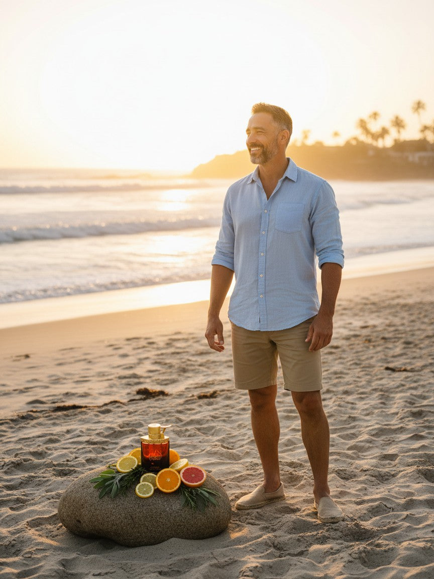 Paradime Enterprise LLC Manos De Fuego Caliente fragrance bottle on a beach rock with citrus fruits near a smiling man