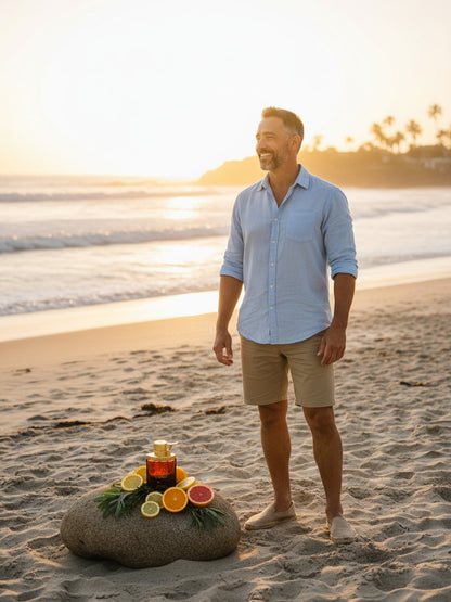 Paradime Enterprise LLC Manos De Fuego Caliente fragrance bottle on a beach rock with citrus fruits near a smiling man