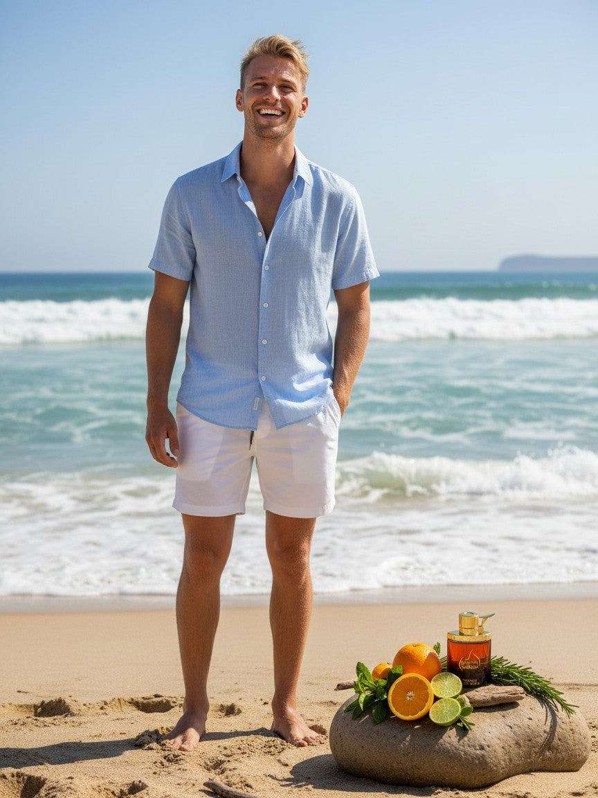 Paradime Enterprise LLC Manos De Fuego Caliente fragrance bottle on a beach with a smiling man in a light blue shirt
