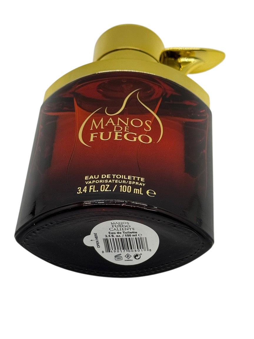 Paradime Enterprise LLC Manos De Fuego Caliente 3.4 oz eau de toilette spray bottle with deep red glass and gold cap